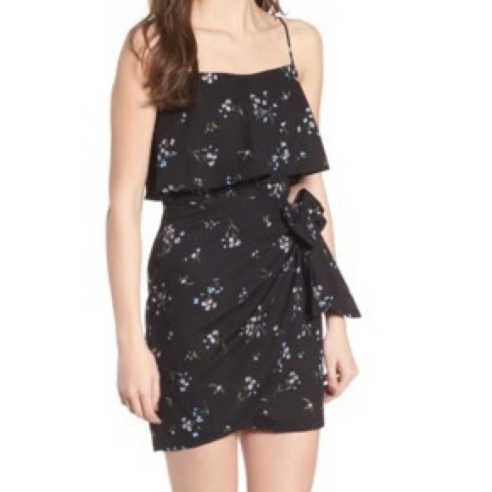 Black Floral Wrap Front Popover Dress